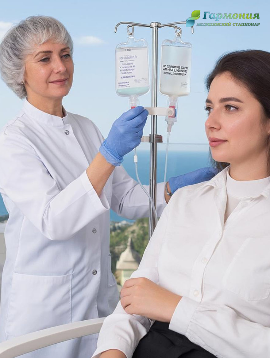 Врач и пациент с капельницей на фоне берега Сухума