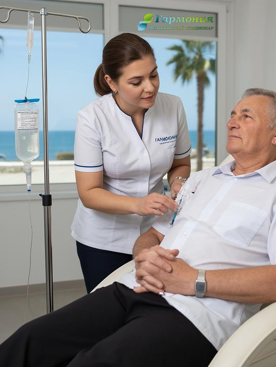 Врач и пациент с капельницей на фоне берега Сухума