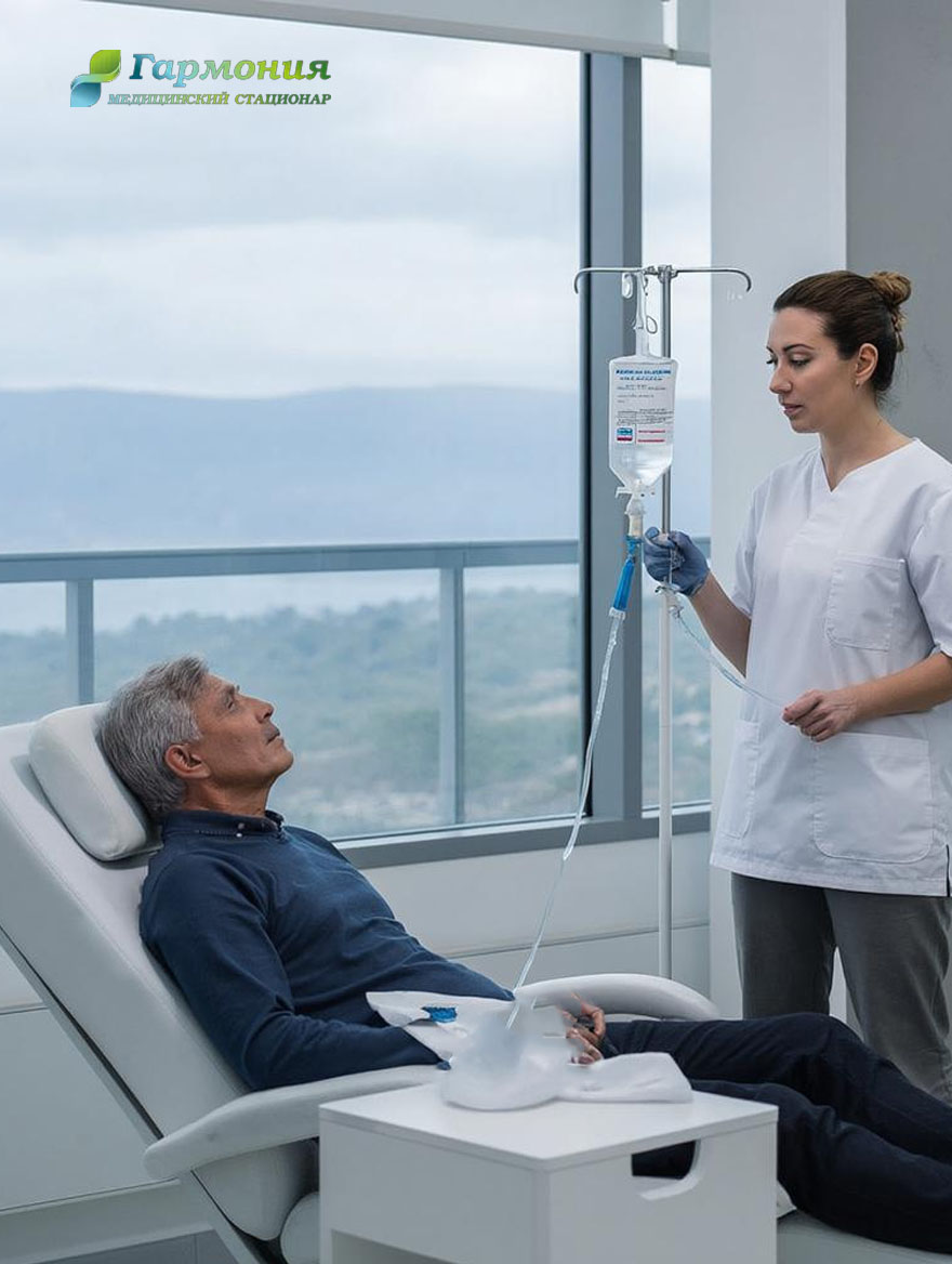 Врач и пациент с капельницей на фоне берега Сухума