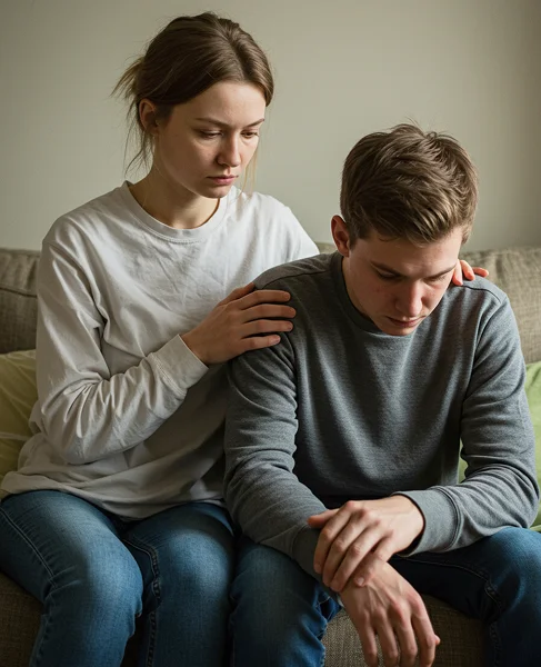 Девушка поддерживает мужчину в трудный момент